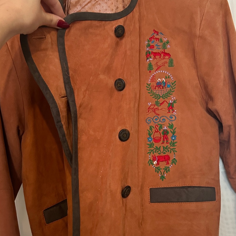 Embroidered Leather Brown Women's Jacket - Picture 3 of 8
